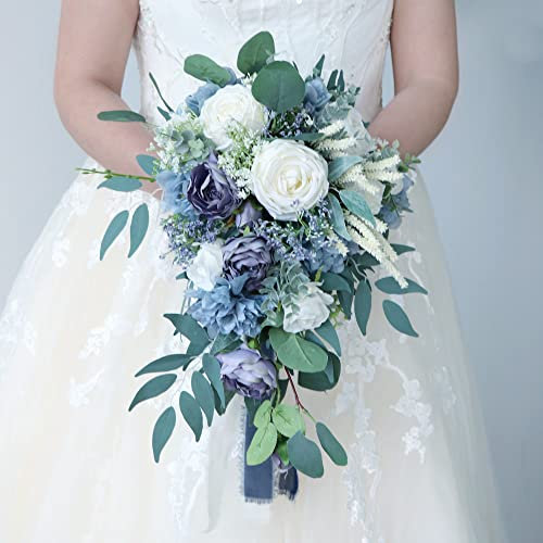 sporful Bouquet de mariée en cascade bleu poudré avec pivoine rose et eucalyptus pour mariage