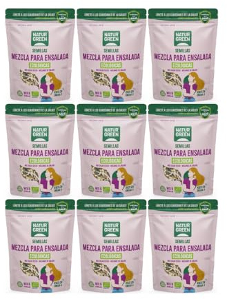 NaturGreen - Mezcla de 6 Semillas Ensalada Bio, Pack 9 x 200 g, Girasol, Calabaza, Lino, Sésamo y Amapola, Rico en Omega 3, Fibra y Proteína, Ecológico y Vegano