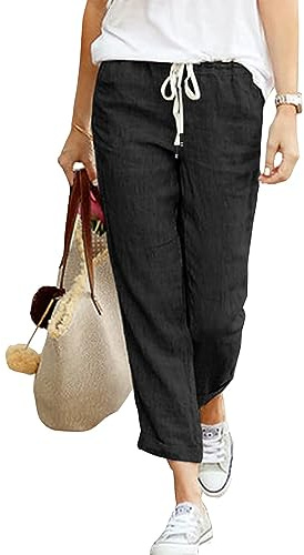 Cegerne Pantaloni Estivi in Lino da Donna 7/8 Pantaloni da Spiaggia Casual in Cotone Leggero, Nero-l, M