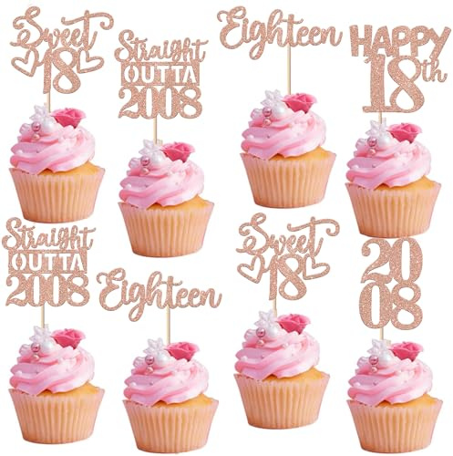 Xsstarmi 30 Pack Happy 18th Birthday Cupcake Toppers Glitter Sweet 18 Straight Outta 2008 Cupcake Picks for Cheers to 18 Years 18th Birthday Anniversary Party Cake Decorations Rose Gold