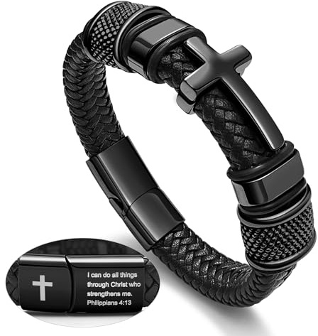 Black Cross Cuff Bracelet for Men,Philippians 4:13 Stainless Steel Braided Leather Bible Verse Jesus Bracelet, Inspirational Faith Gift for Dad Brother Son Religious Baptism Confirmation Gifts 9inch