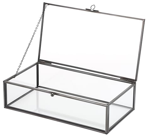 OLegei Boîte à bijoux rectangulaire en métal et en verre Coffret à bijoux avec couvercle Rangement pour bagues et bracelets, Cadeau Fête des Mères Mariage Anniversaire (noir, L)