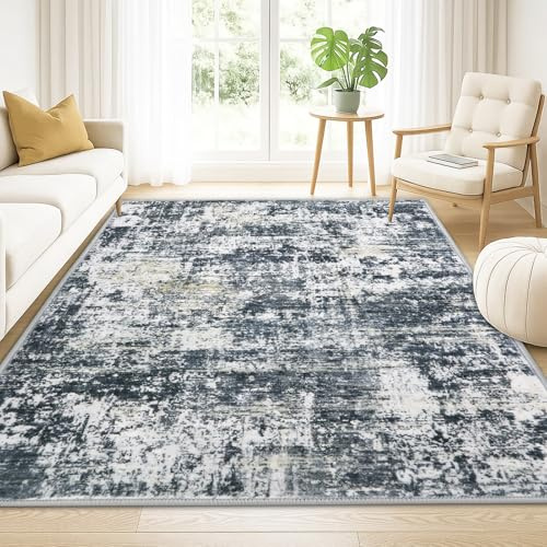 Haoyunll Alfombra Salon Grande Lavable en Lavadora, Alfombra Pelo Corto Imitación Cachemira Abstracta Antideslizante para Dormitorio, Gris Negro, 140x200cm