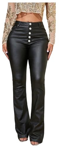 WDIRARA Women's Button Fly Faux Leather Flare Pants Punk High Waisted Skinny Trousers Black Medium