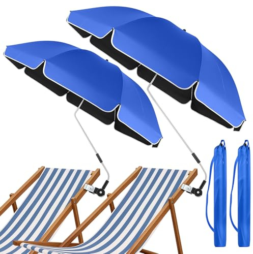 2 PACK Beach Chair Umbrella With Universal Clamp, 360°Adjustable Umbrellas Clip On Chair, UPF50+ Protection Sun Shade, Portable Parasol for Camping Chair, Wheelchair, Patio Chairs, Golf Carts, Balcony