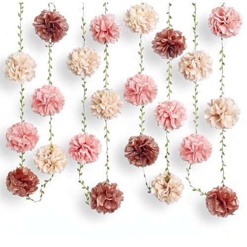 4 pompon di carta decorativa rosa Treabear, pompon decorativi per feste in giardino, in carta velina con erba sintetica verde, 200 cm, decorazione floreale per decorare compleanni, feste, proposte di