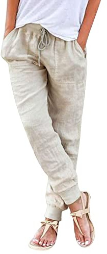 Pantalon Femme en Coton Lin Jambe Étroite Taille Élastique avec Cordon Ajustable Poche Vêtement pour Quotidien Détente Vacance Promenade Plage Mode Tendance Tissu Doux Confort Aéré