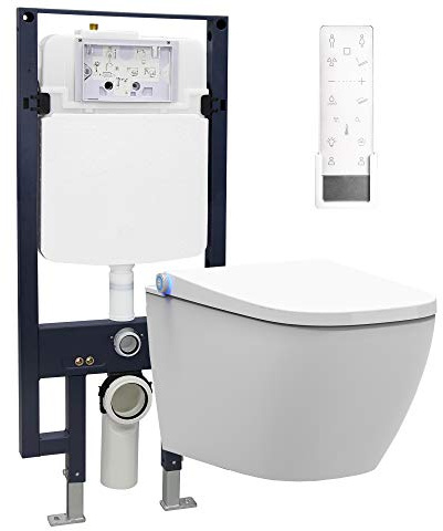 BERNSTEIN Pack WC japonais + Bâti-support plaque Verre Blanc, Toilettes suspendu lavant + télécommande, jet douche, séchoir air chaud, filtre & ventilateur à odeurs, Chasse 180°, 59x38x38cm, Pro+1104