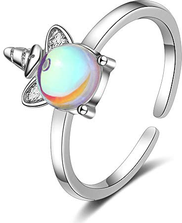 QIAMNI Cute Moonstone Unicorn Horse Mood Rings for Women Girls Kids 925 Silver Adjustable Size Ring Birthday Festival Gift Jewelry