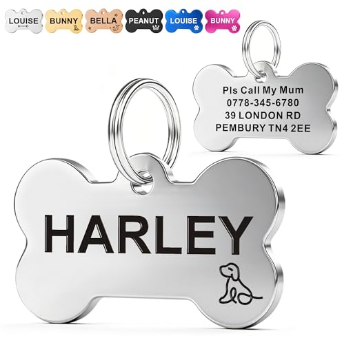 EDSG Personalised Dog Tags for Pets UK | Deep Engraved Stainless Steel Cat & Dog Name ID Tags | Custom Dog Tag Scratch, Rust & Fade Resistant | Anti-Lost Pet Tag for Puppy Kitten (Silver Bone)