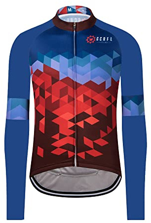 GCRFL Men's Cycling Jersey Long Sleeve Biking Shirt with 3+1 Zipper Pockets Breathable Quick Dry Bicycle Jersey (Blue Red, Medium)