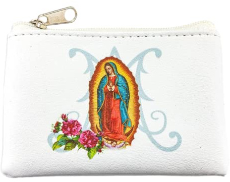Needzo Our Lady of Guadalupe White Leatherette Rosary Pouch with Zipper Closure, Neutral Travel Cases and Pouches for Rosaries, 3.25 Inches