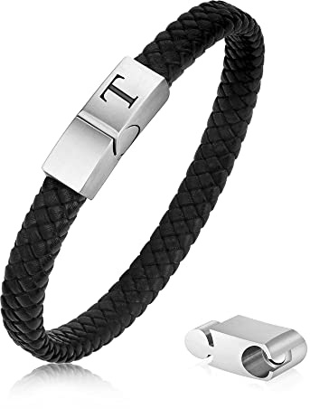 FOCOOG Mens Leather Bracelet with Initial - Magnetic Clasp Black Leather Bracelets Mens Gifts Men Bracelets with Initial T Bracelet for Men's Jewelry Men's Gifts for Dad Husband Him