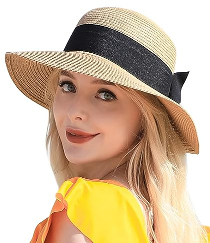 Beach Sun Hats for Women, Straw Hat for Women UPF 50+ UV Sun Protection Summer Hat Foldable Roll up Cap A-Khaki