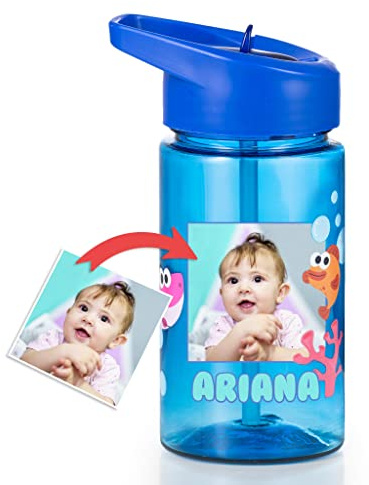 Wanapix | Botella Infantil Personalizada| Botella de Agua para Niños | Con Pajita y Asa Transporte | Colegio/Guardería | Plástico Libre BPA | 440 ml | Azul - Shark