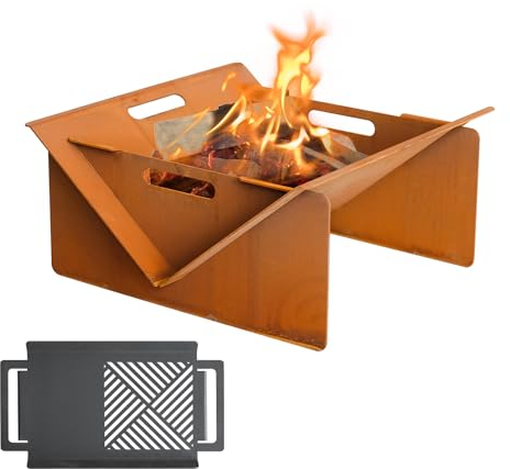 GZGNEEVL Wood Burning Fire Pit Portable Camping Firepit Outdoor Corten Steel Campfire Fireplace with BBQ Tray 20 in for Outdoor Heating Cooking Backyard Bonfire Charcoal Grill Patio Garden Picnic