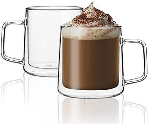 CNGLASS 450ML Glass Coffee Mugs,Double Wall Insulated Glass Mugs with Handle,Clear Espresso Cups for Latte,Cappuccino,Tea Bag,Set of 2