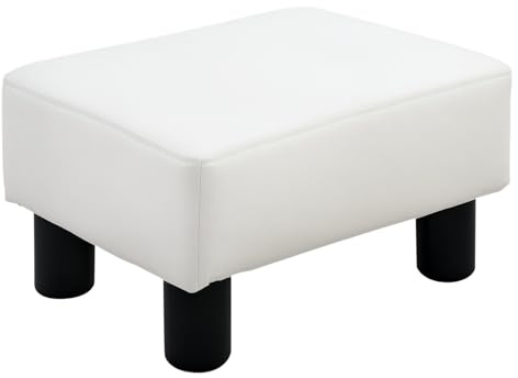HOMCOM Reposapiés de Salón Taburete Bajo Tapizado en Cuero Sintético Otomana Rectangular con Estructura de Plástico para Sala de Estar Dormitorio Blanco