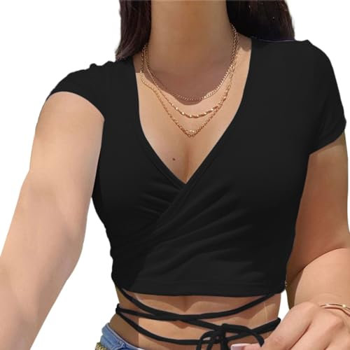 EMOTTOS Women's Y2K Crop Tops, Short Sleeve V Neck Basic Top Slim Fit for Ladies, Cropped Strappy T-Shirt Front Tie Tee Shirts Casual Club Party Streetwear for Spring Summer, Black M