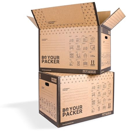 Be Your Packer | Cajas de Mudanza Grandes 60x40x40 cm | Cajas de Embalaje con Asas | Mudanza y Almacenaje de Libros, Ropa, Platos, Vasos... | Fabricadas con Cartón Resistente en España | Pack de 10