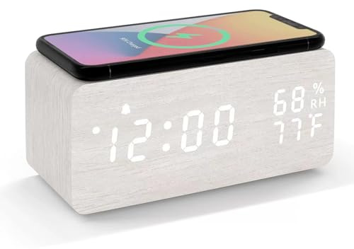 Lancoon LED-Wecker aus Holz mit Kabelloses Aufladen Temperatur und Luftfeuchtigkeit Anzeige Kalender Einstellbare Helligkeit Tonsteuerung für Schlafzimmer Zuhause Büro (Weiß)