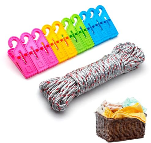 Set Stendibiancheria 10m Corda Nylon Colorata + 10 Mollette con Gancio, Filo Bucato Resistente per Esterno, Interno, Giardino - Kit Completo per Stendere Vestiti, Panni e Biancheria