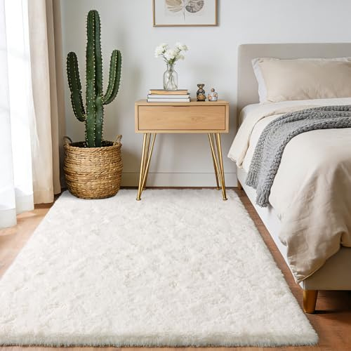 BSGIFT Hochflor Teppich 140x200 Creme, Shaggy Teppich Schlafzimmer Flauschig Langflor Modern Wohnzimmer Kuschelteppich Wohnzimmerteppich Bettvorleger Kinderzimmer rutschfest