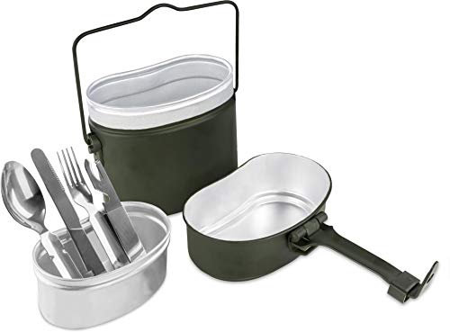 normani Original Bundeswehr Essgeschirrset Essbesteck + BW Aluminium Kochgeschirr Camping-Geschirr Besteck-Set - leichtes rostfreies Reisebesteck Farbe Oliv