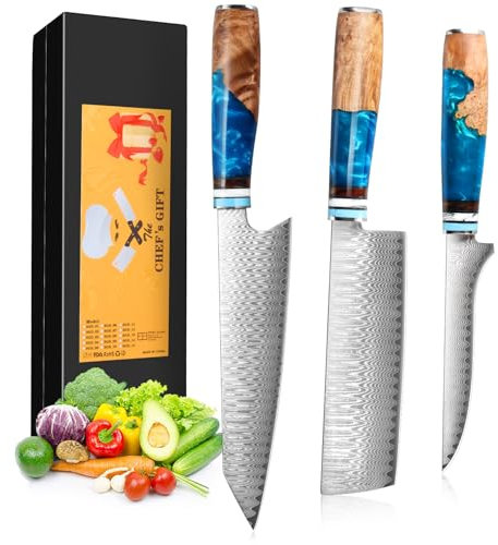 Damascus Knife Set, 3 PCS Kitchen Knife Sets Made of 67 Layers of Vg-10 Steel, Professional Chef Knifes Set Fillet Knifes with Ergonomic Natural Resin Handle, for Home Restaurant, Gift Box