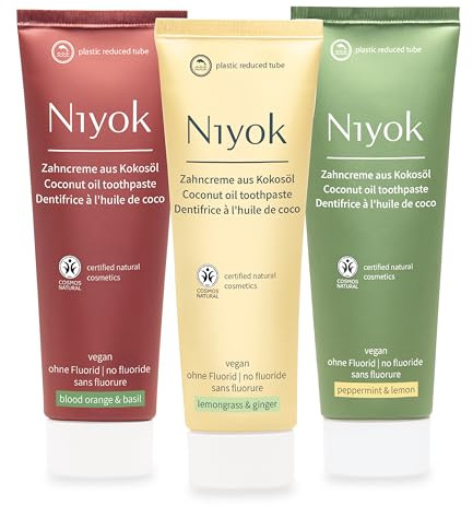 Niyok® Dentifrice à l'huile de coco bio sans fluorure (3 x 75 ml) • Sans microplastique • Cosmétique naturel sensible • Convient également pour les enfants • Dentifrice végétalien • Saveurs naturelles