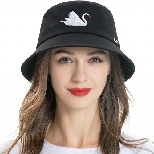 ZLYC Unisex Mode bestickte Fischerhüte Sommer Outdoor Hut für Jugendliche, Schwan, Schwarz, Einheitsgröße