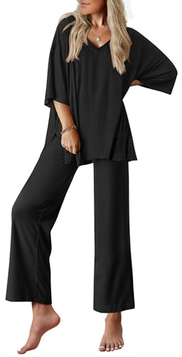 Ekouaer Lounge Sets for Women Pajamas Set Short Sleeve Tops and Long Pants Soft 2 Piece Outfits with Pockets Black Large