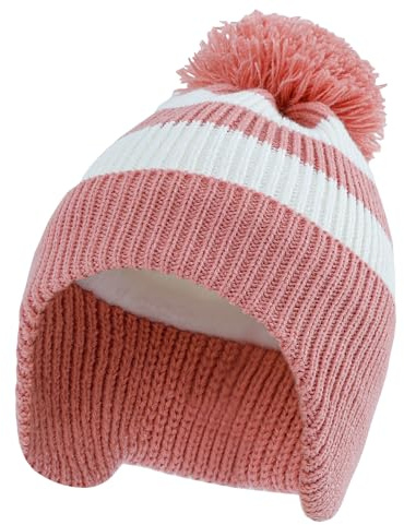 LACOFIA Baby pojkar flickor vintermössa och krage halsduk set stickad småbarn öronflikar mössa barn varm fleece foder hatt med pompom 6 månader – 4 år, En rosa, 12-24 Månader