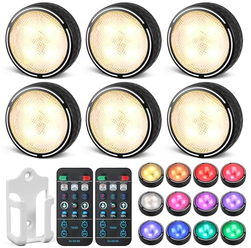 EZSION Puck Lights, Battery Operated Under Cabinet Lights, 6 Pack, Black | Push & Remote Control, Warm & Cool White & RGB Colour Changing, Stick on LED Lights for Kitchen, Cupboard, Counter, Shelf