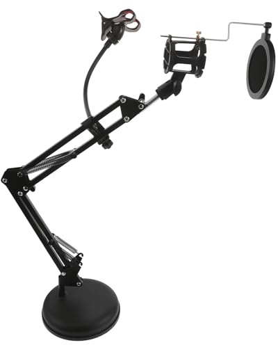 HOUDERCO Desktop Microphone Boom Arm med Justerbar Dual Arm för Mikrofon och Telefon Robust Metallbas med Halkskydd Popfilter och Mikrofonskydd för Live-sändning Podcast och Studiobruk