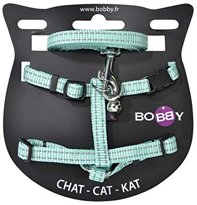 Bobby Safe - Kit Harnais et Laisse pour Chat, Anti-évasion, Réfléchissant, Résistant, Turquoise, 25-38 x 10 CM
