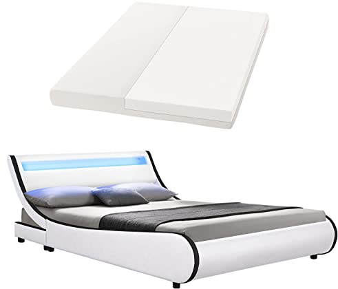 Juskys Polsterbett Valencia 180x200 cm komplett mit Matratze, LED Beleuchtung, Lattenrost & Kopfteil - Bett Doppelbett - weiß