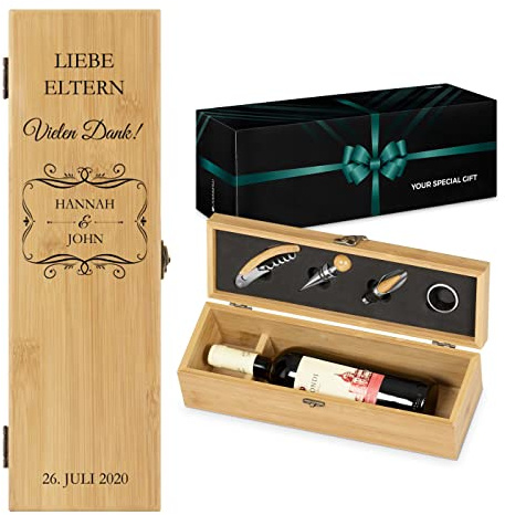 Maverton Weinbox für 0,7L Weinflasche - Wein Holzbox personalisiert + 4er Weinzubehör - Weinset Weinkiste - aus Bambus - Braun - Geschenk zum Hochzeitstag Paare - Danksagung