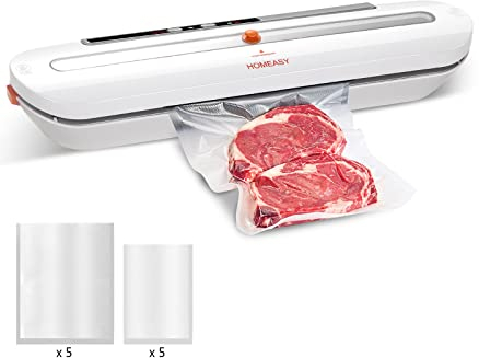 Vacuum Sealer, HOMEASY Food Vacuum Sealer Machine One-Touch Sealing for Dry Food Vacuum Sealing Machine with 10Pcs BPA-Free Seal Bags (White)