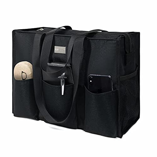 TOPDesign Utility Water Resistant Tote Bag with 13 Exterior & Interior Pockets, Top Zipper Closure & Thick Bottom Support, for Working Women, Teachers, Nurses, Accountants (Black, Medium)