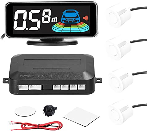GoolRC Sensore di parcheggio per auto, sistema radar retromarcia posteriore, con 8 sensori di parcheggio, bianco, 4 pezzi sonda