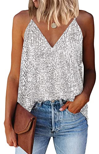 miduo Women's Tank Tops Summer Casual Fashion Sequin V Neck Strappy Tanks Tops Cami Shirts Sleeveless Tops Blouses for Women Silver L
