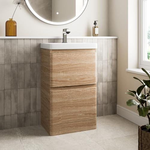 Affine 500mm Bathroom Vanity Unit With Wash Basin Ceramic Sink, Wood Effect | Oak, Single Tap Hole, 2 Soft Close Drawers, Cloakroom Storage Furniture Freestanding Cabinet, Fully Assembled, Modern Curved