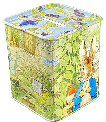 MediMuc - Spardose Peter Hase - Rechteckige Plug-Lid Dose mit Sparschlitz aus Weißblech - (7.7 x 7.7 x 8.2 cm) - Offizielle Beatrix Potter/Peter Rabbit Lizenz - Ideal für Kinder
