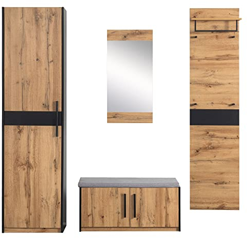 4-Teilig Garderoben Set Mit Spiegel Und Schuhschrank, Garderobenkombination Komplett Set Garderobenmöbel Mit Flurgarderobe Und Wandgarderobe, Kompaktgarderobe Mit 4 Kleiderhaken, Stangen Und Ablage