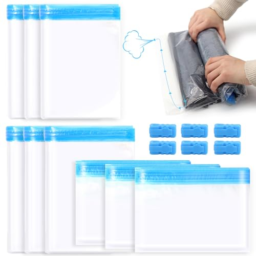 9 Pezzi di Sacchetti Sottovuoto da Viaggio，50*70cm，40*60cm，35*50 cm，3 Taglie，Sacchi Sottovuoto da Viaggio per Valigia,Risparmiano Spazio,Facili da Trasportare e Possono Rilasciare Rapidamente l'aria