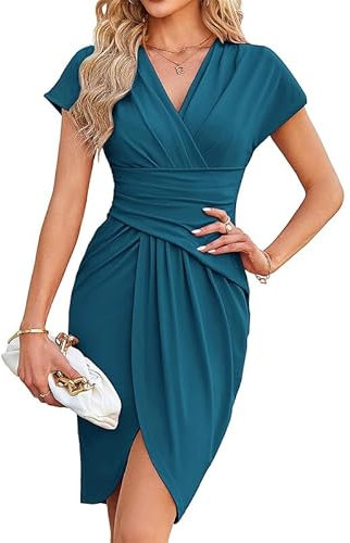 JASAMBAC Women's Batwing Flutter Sleeves Bodycon Dress - Ruched Wrap Wedding Guest, Work and Business Pencil Midi