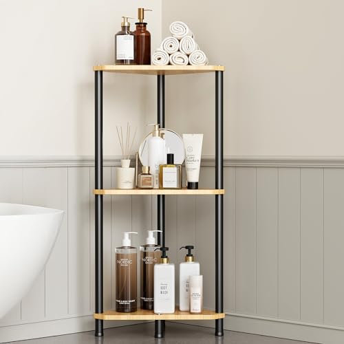 Orimade Duschablage Ecke Rostfrei, Duschregal Stehend, Freistehende Eckablage Duschkörbe für Bad Wohnzimmer Büro, 3 Stufe, Bambus