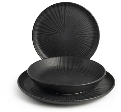H&H Servizio Tavola 18 Pezzi Venere in Stoneware, Nero, Finitura Opaca, Motivo Geometrico, Lavabile in Lavastoviglie, Adatto a Microonde