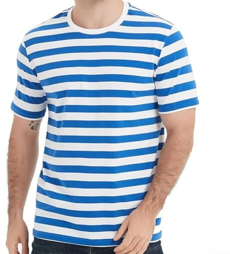 Camiseta de marinero a rayas de ajuste holgado para hombre, camiseta casual de verano con cuello redondo y mangas cortas (M azul)